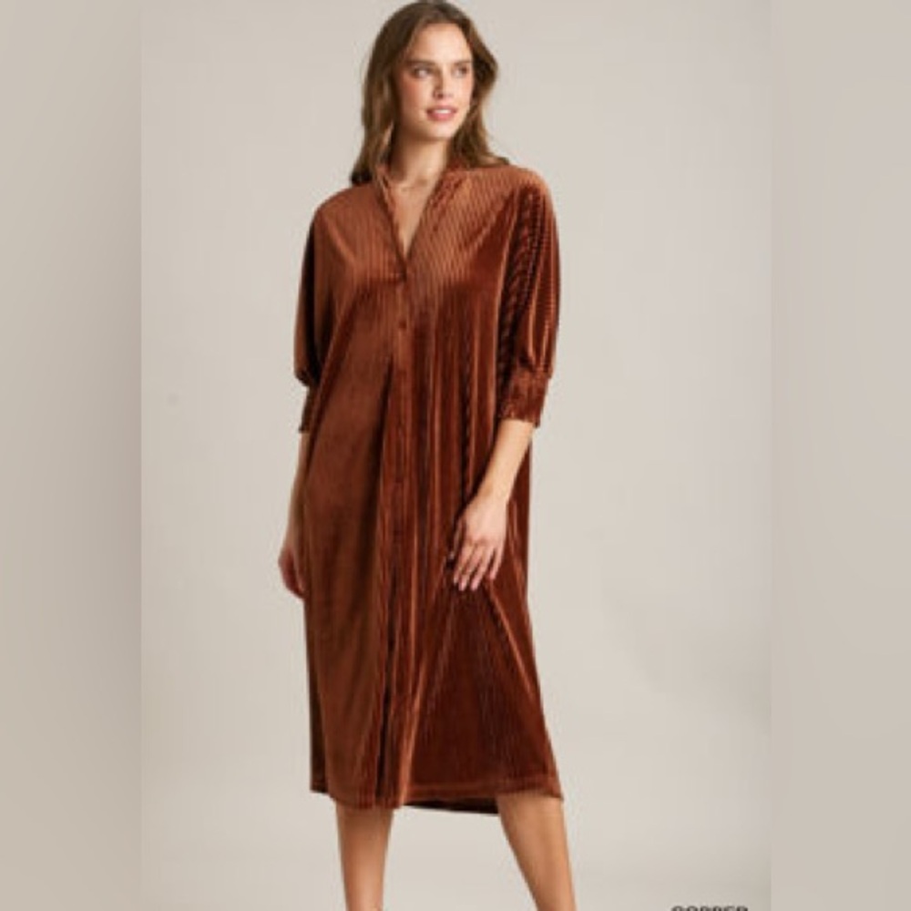 Umgee Rust colored 3/4 Sleeve Notched Collar Dress